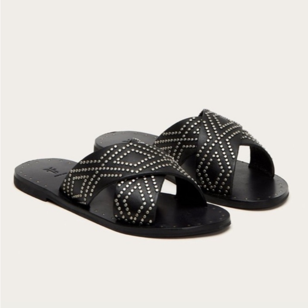 Frye Ally Deco Stud Cross Cross Slide Sandals Leather